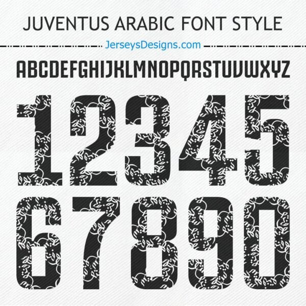 Juventus Arabic font stylish soccer lettering for team names and jersey numbers