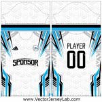 ThunderStrike yellow and blue sports jersey vector template with lightning design, front and back view editable in AI, CDR, and PDF formats.