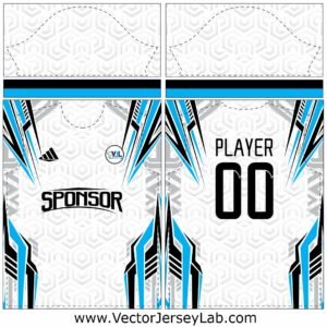 ThunderStrike yellow and blue sports jersey vector template with lightning design, front and back view editable in AI, CDR, and PDF formats.