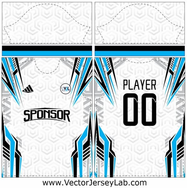 ThunderStrike yellow and blue sports jersey vector template with lightning design, front and back view editable in AI, CDR, and PDF formats.
