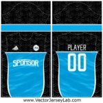 AquaCore Precision black and aqua-blue sports jersey vector template with stylish wave panels, front and back editable mockup.