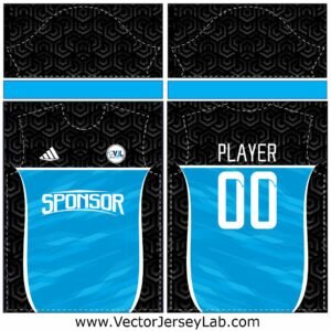 AquaCore Precision black and aqua-blue sports jersey vector template with stylish wave panels, front and back editable mockup.