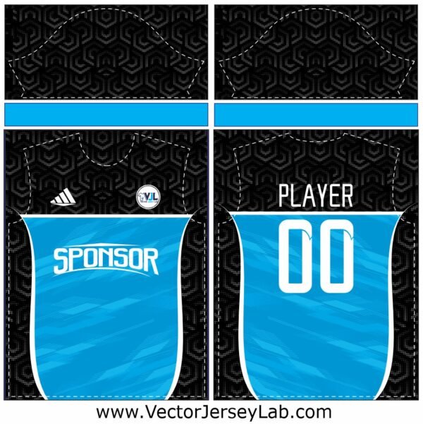 AquaCore Precision black and aqua-blue sports jersey vector template with stylish wave panels, front and back editable mockup.