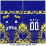 RoyalElite Majesty blue and gold ornate football jersey vector template front and back view with editable design layers.