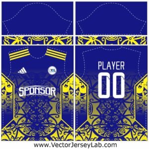RoyalElite Majesty blue and gold ornate football jersey vector template front and back view with editable design layers.