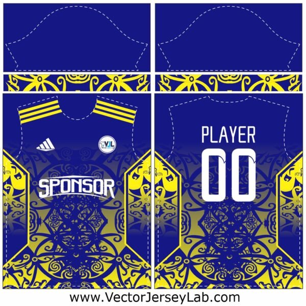 RoyalElite Majesty blue and gold ornate football jersey vector template front and back view with editable design layers.