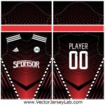 CrimsonEdge Pro Jersey Vector Template featuring red and black contrast with angular stripe effects, ideal for dynamic sports branding.