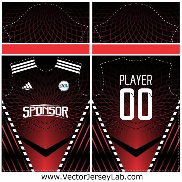 CrimsonEdge Pro Jersey Vector Template featuring red and black contrast with angular stripe effects, ideal for dynamic sports branding.