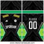 NeonGrid Power Jersey Vector Template with striking black base and neon green-yellow geometric patterns, ideal for bold sportswear branding.