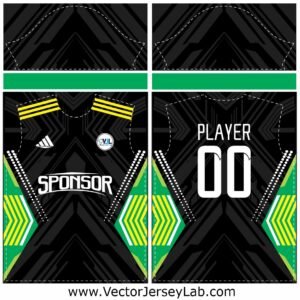 NeonGrid Power Jersey Vector Template with striking black base and neon green-yellow geometric patterns, ideal for bold sportswear branding.