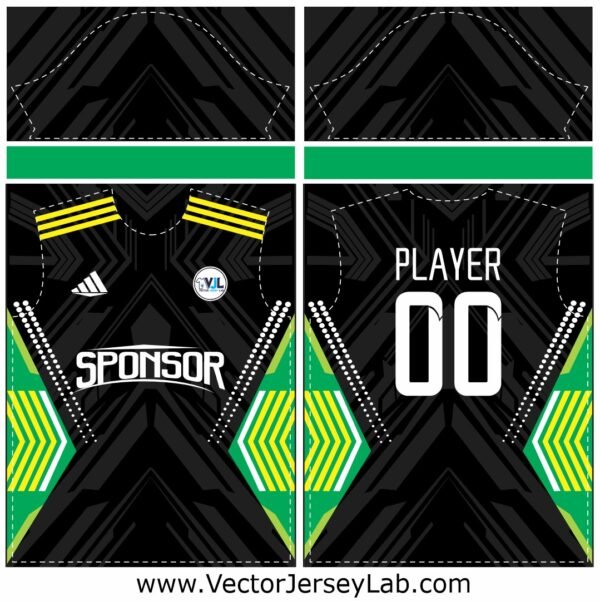 NeonGrid Power Jersey Vector Template with striking black base and neon green-yellow geometric patterns, ideal for bold sportswear branding.