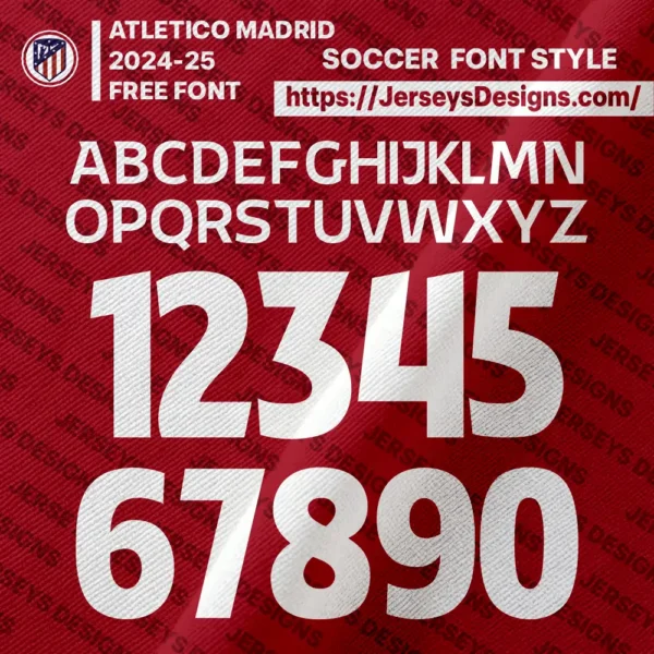 Atletico Madrid 2025–26 football jersey font preview for club design