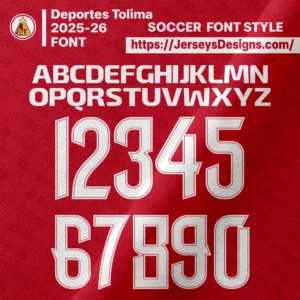 A graphic showcasing the Deportes Tolima 2025-26 FONT on a blue and yellow jersey mockup.