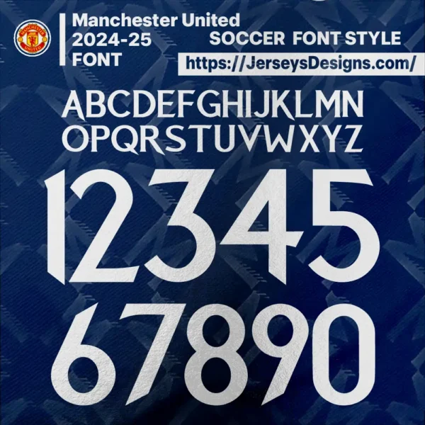 A graphic showcasing the Manchester United 2025-26 FONT on a red jersey mockup.